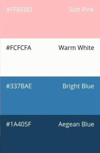93. Cheerful Blues + Pink: soft pink, warm white, bright blue, aegean blue