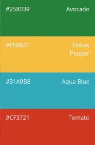 27. Cheerful Brights: avocado, yellow pepper, aqua blue, tomato