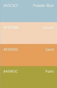 66. Coastal Sky: powder blue, clouds, sand, palm