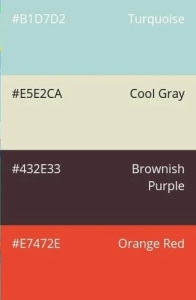 76. Distinctive & Unexpected: turquoise, cool gray, brownish purple, orange red