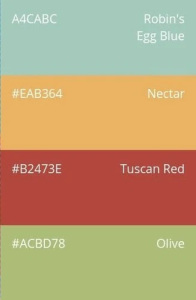 61. Muted & Antique: Robin’s egg blue, nectar, tuscan red, olive