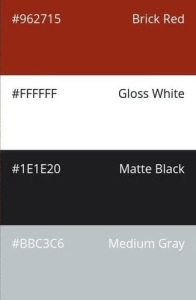 87. Professional & Traditional: brick red, gloss white, matte black, medium gray