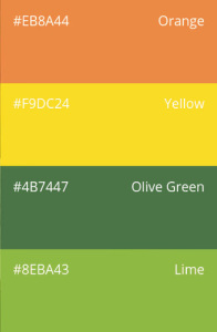 18. Shades of Citrus: orange, yellow, olive green, lime