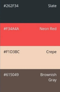 89. Shadowy & Dramatic: slate, neon red, crepe, brown gray